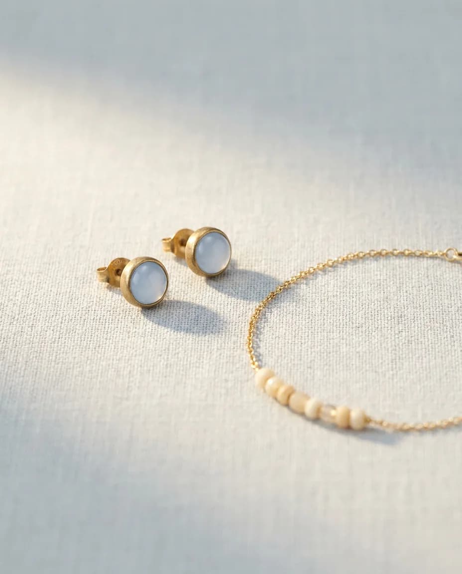 The Weekday Reset Gift Set — macro of the bezel-set stud and bead cluster