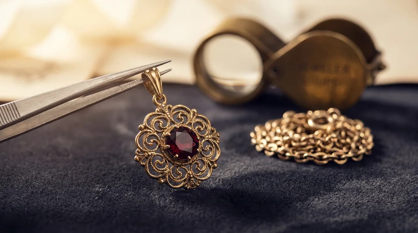 A garnet pendant in antique gold held in fine tweezers at the jeweller's bench, with a brass loupe and coiled chain behind